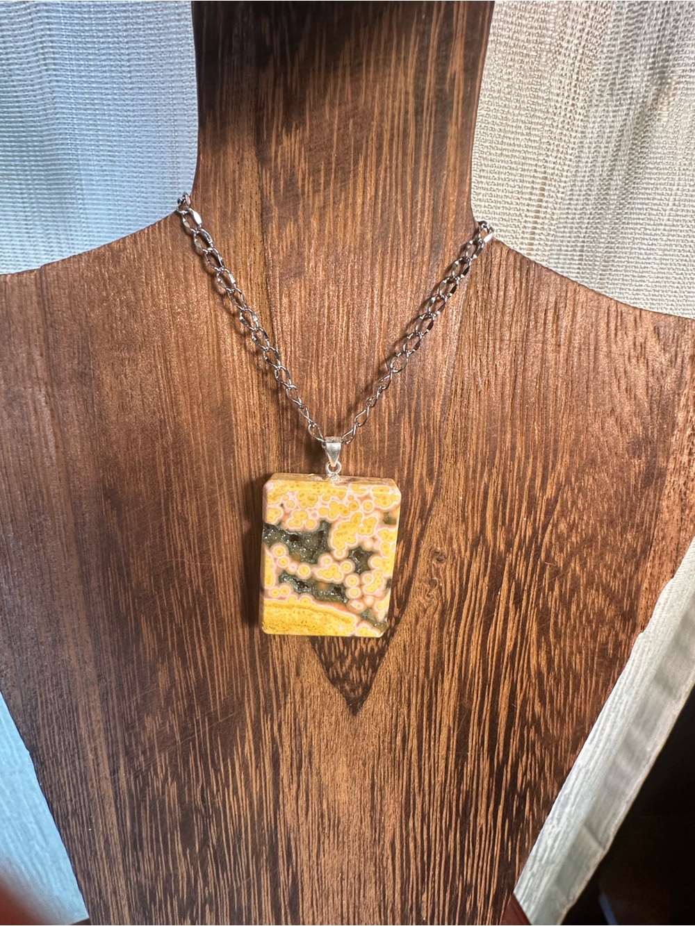 Yellow and Black Druzy Ocean Jasper Pendant Necklace on Stainless Steel Chain - Picture 13 of 16
